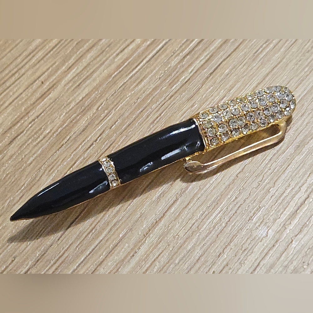 Elegant Black and Gold Pen Brooch with Rhinestones